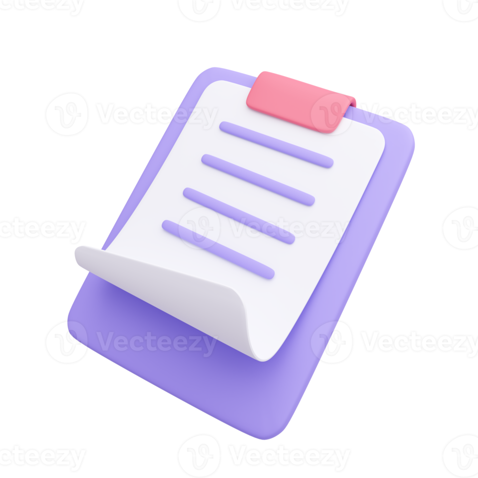 3D report paper clipboard. Note paper for checklist notes. 3D illustration. png