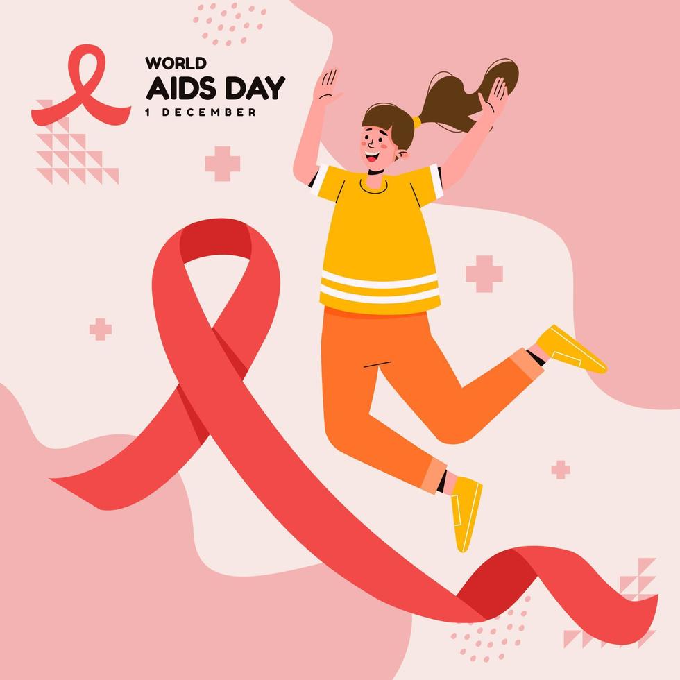 World Aids Day Woman Happy Jumping Hands Up with Red Ribbon vector