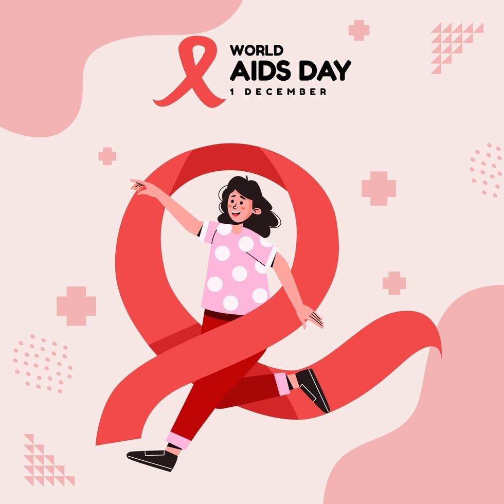 World Aids Day Woman Running Bring With Rounded Red Ribbon vector