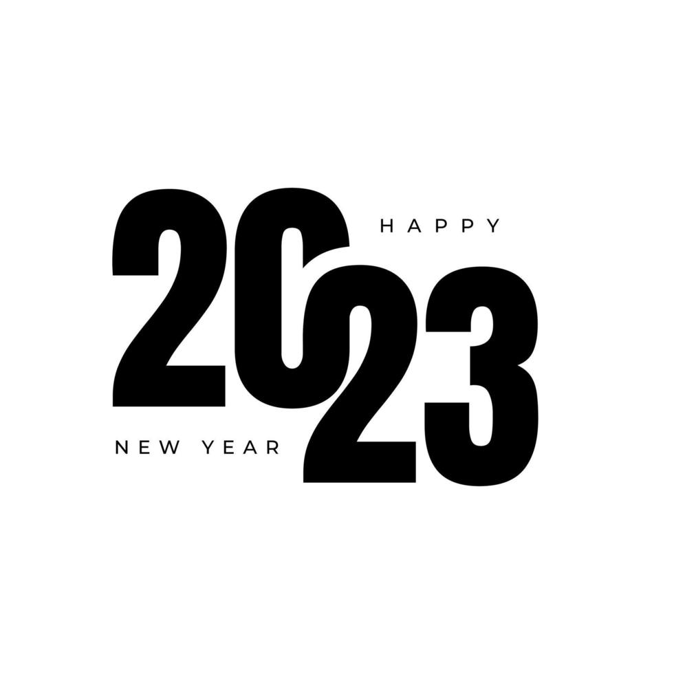 feliz año nuevo 2023 ilustración de diseño de logotipo de banner de saludo, vector creativo de año nuevo 2023 en negro, geométrico moderno en estilo retro