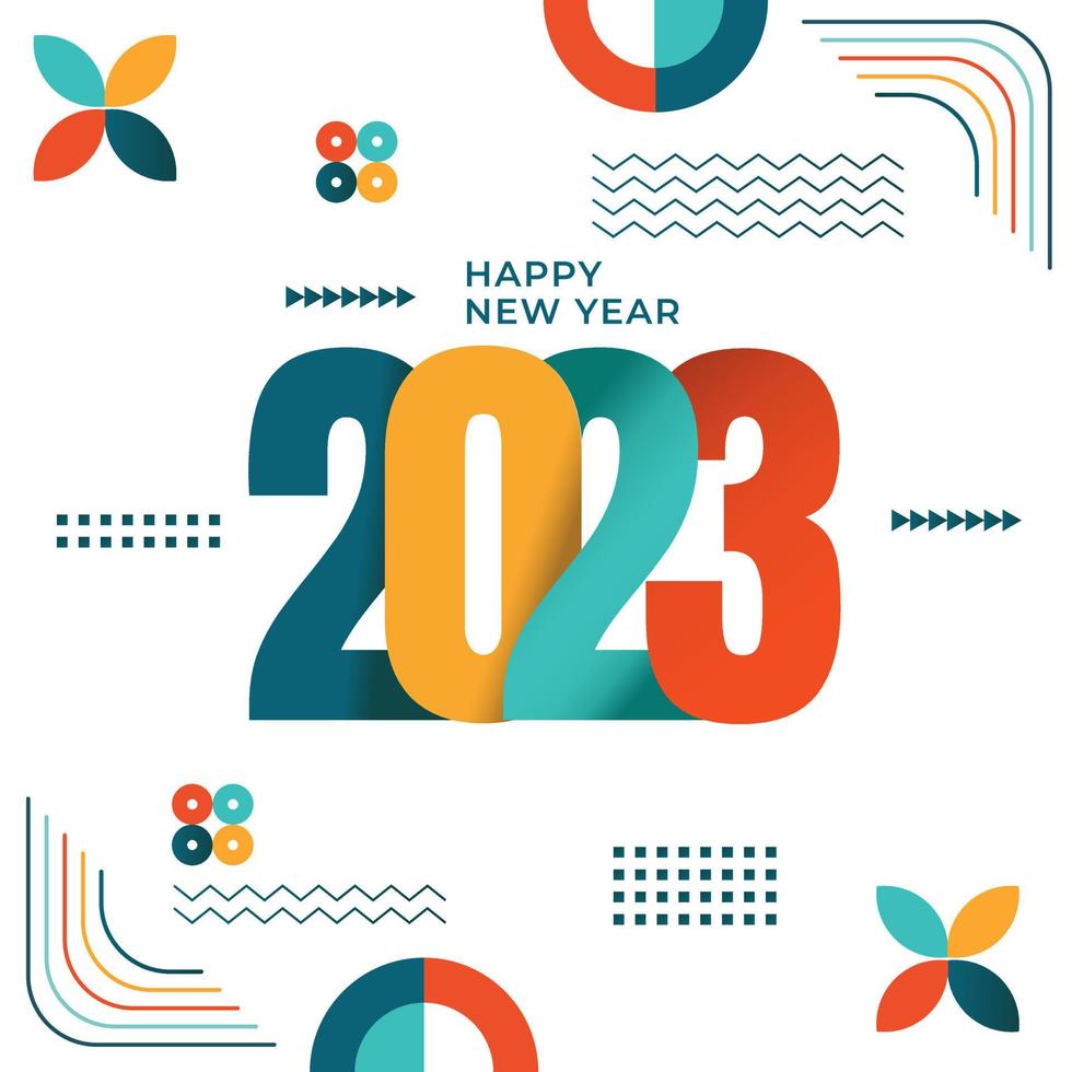 diseño abstracto feliz año nuevo 2023, geométrico moderno y tipografía. colorido vector feliz año nuevo 2023 tarjeta de felicitación. ilustración vectorial