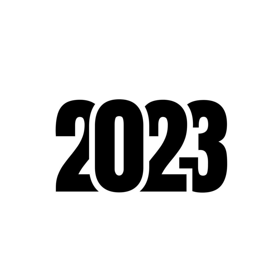 feliz año nuevo 2023 ilustración de diseño de logotipo de banner de saludo, vector creativo de año nuevo 2023 en negro, geométrico moderno en estilo retro