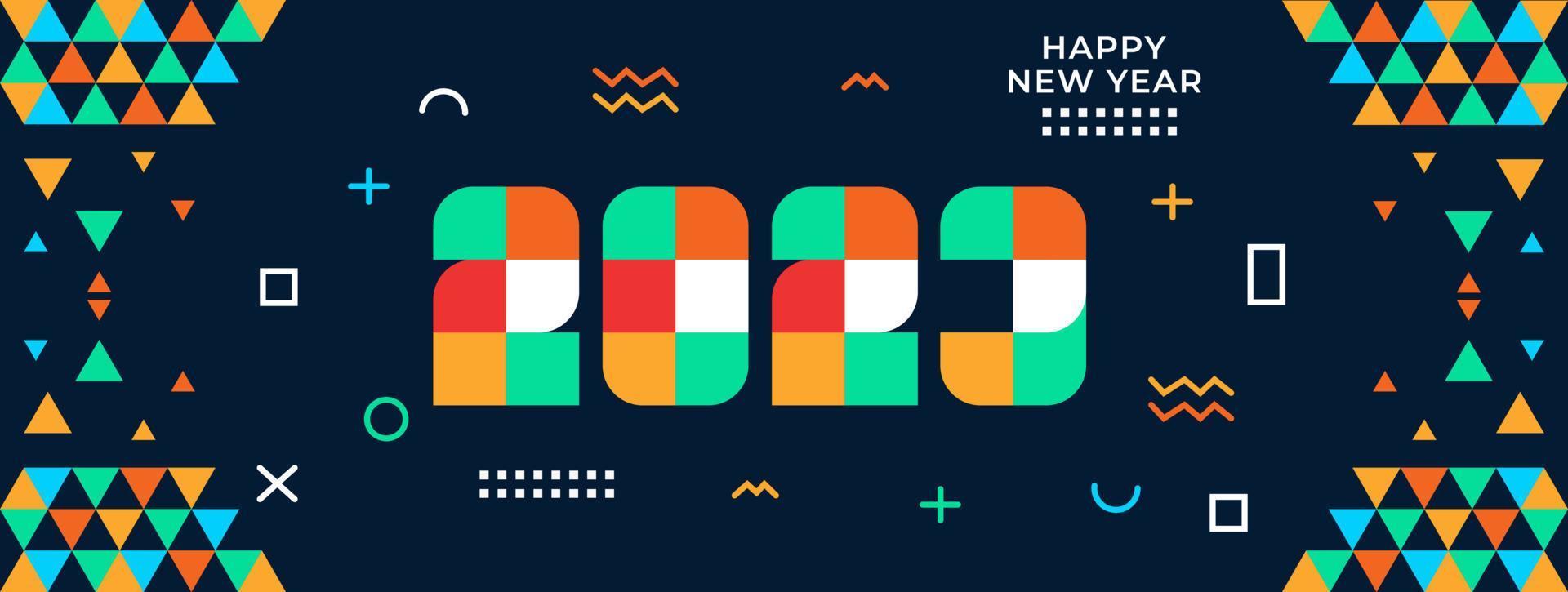 Happy New Year 2023 Greeting banner logo design illustration, Creative and Colorful 2023 new year vector typography banner, with modern abstract geometric design and background in retro style