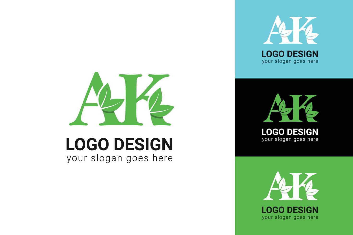 AK letter eco logo with leaf. Vector typeface for nature posters, eco friendly emblem, vegan identity, herbal and botanical cards etc. Ecology M letter logo with green leaf.