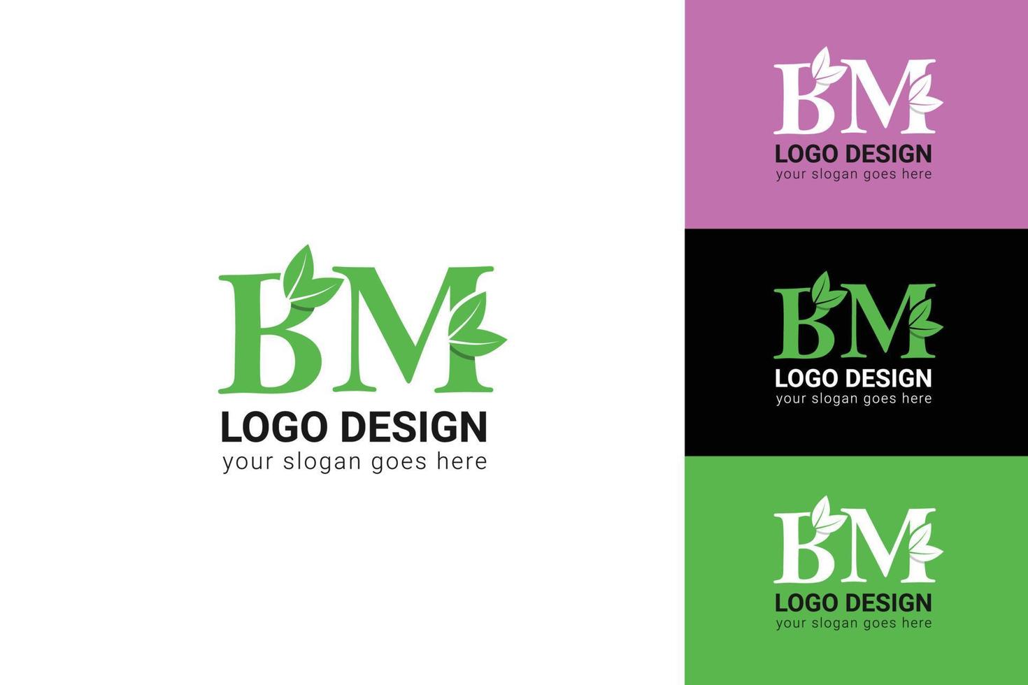 BM letter eco logo with leaf. Vector typeface for nature posters, eco friendly emblem, vegan identity, herbal and botanical cards etc. Ecology M letter logo with green leaf.