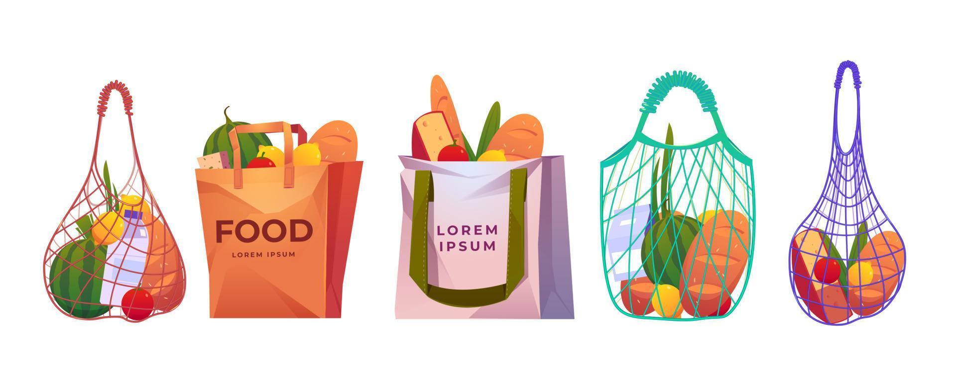 Net, paper and cotton shopping bags with grocery vector