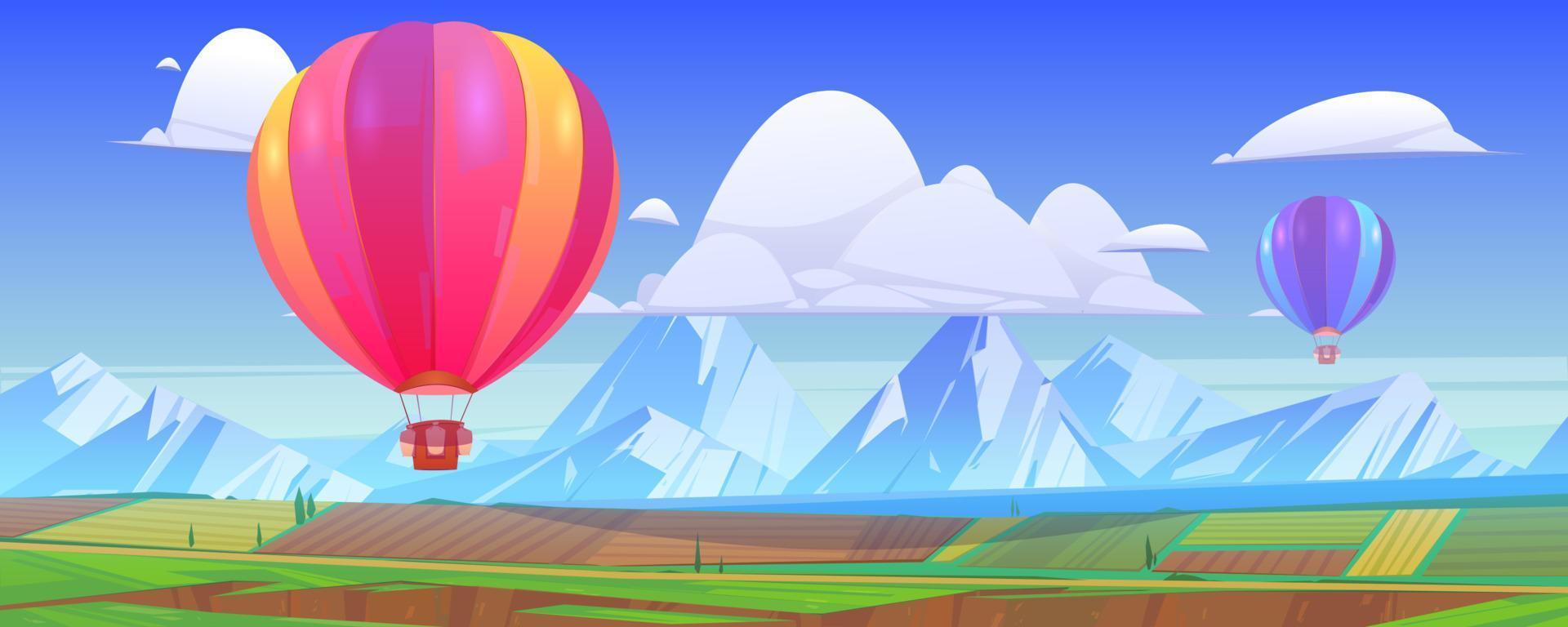 Hot air balloons fly above mountain landscape vector