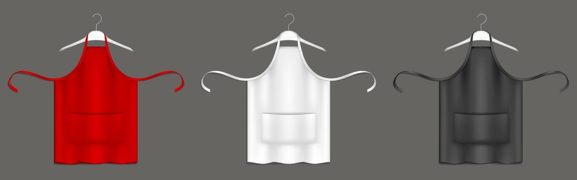 Chef aprons, black, red, white uniform on hangers vector