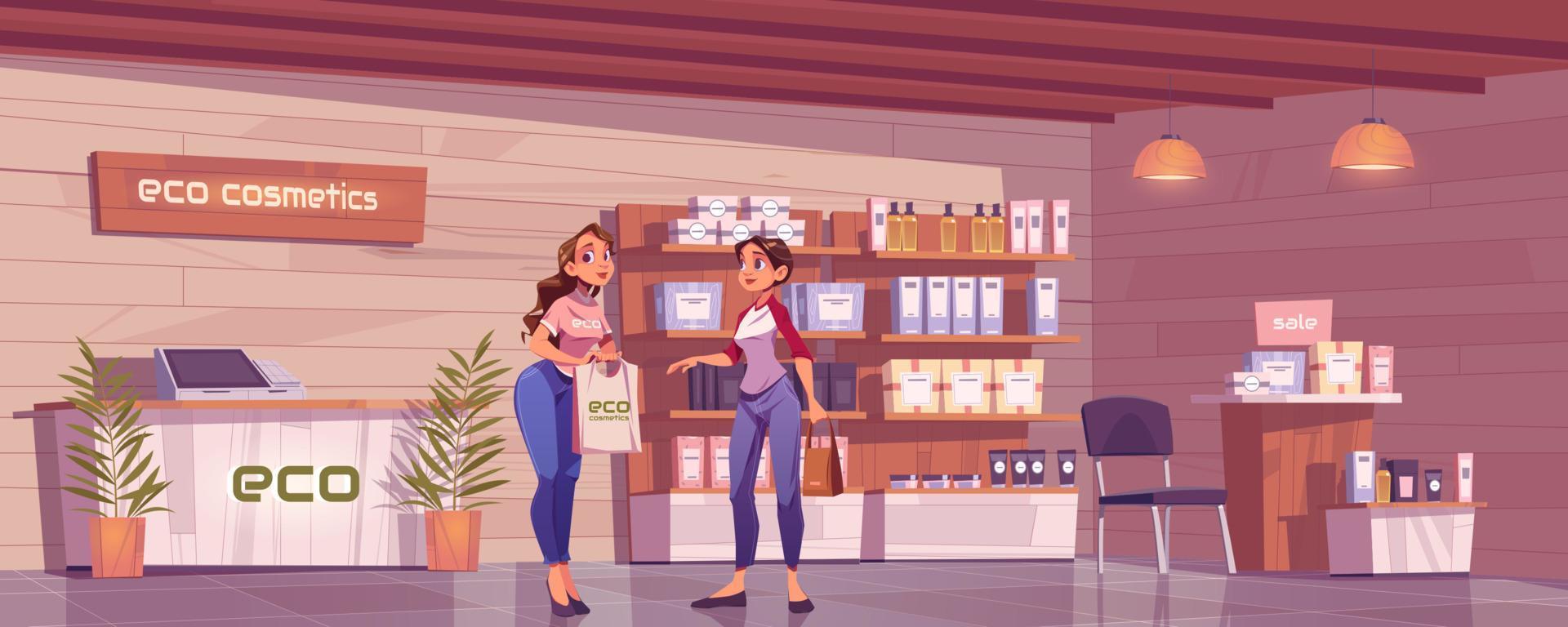 mujer en asistente de tienda de cosméticos ecológicos y cliente vector