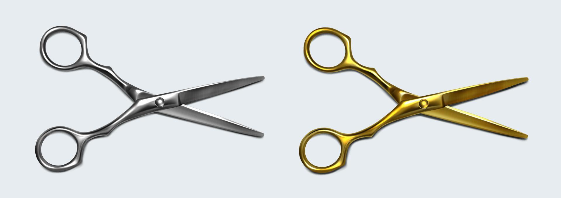 Scissors of silver and gold metal with open blades vector