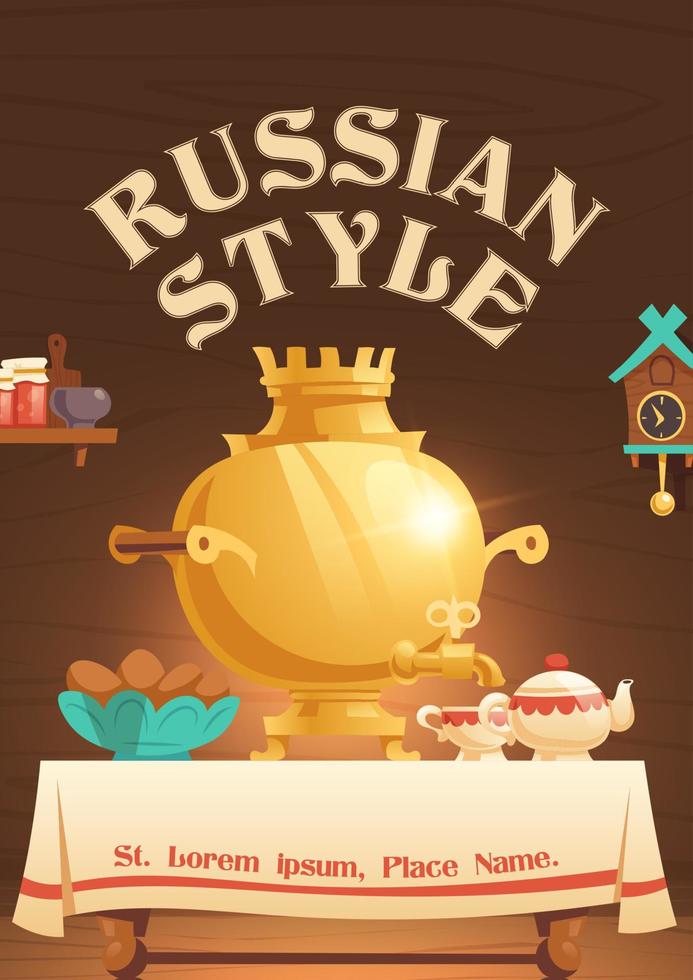 cartel de dibujos animados de estilo ruso con cocina rural vector