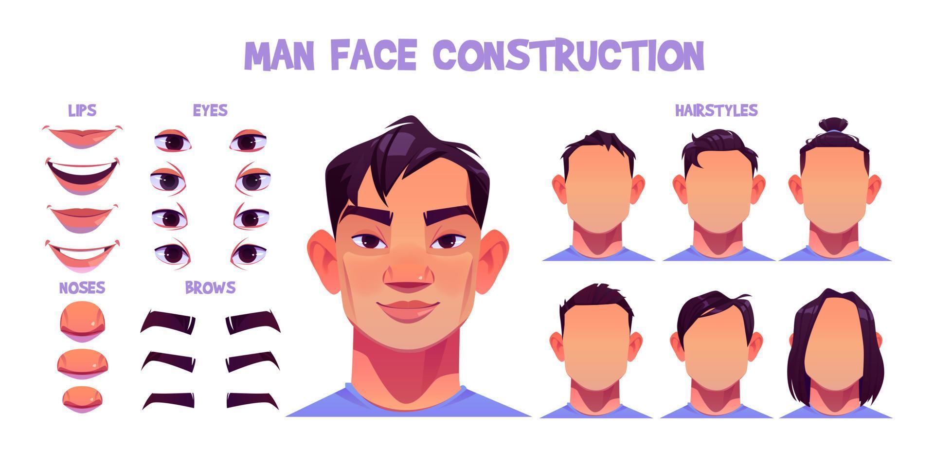 Asian man face construction, avatar creation set vector