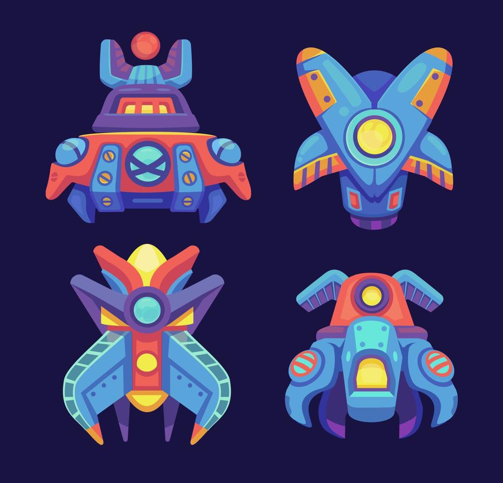 Alien space ships, ufo rockets, fantasy shuttles vector