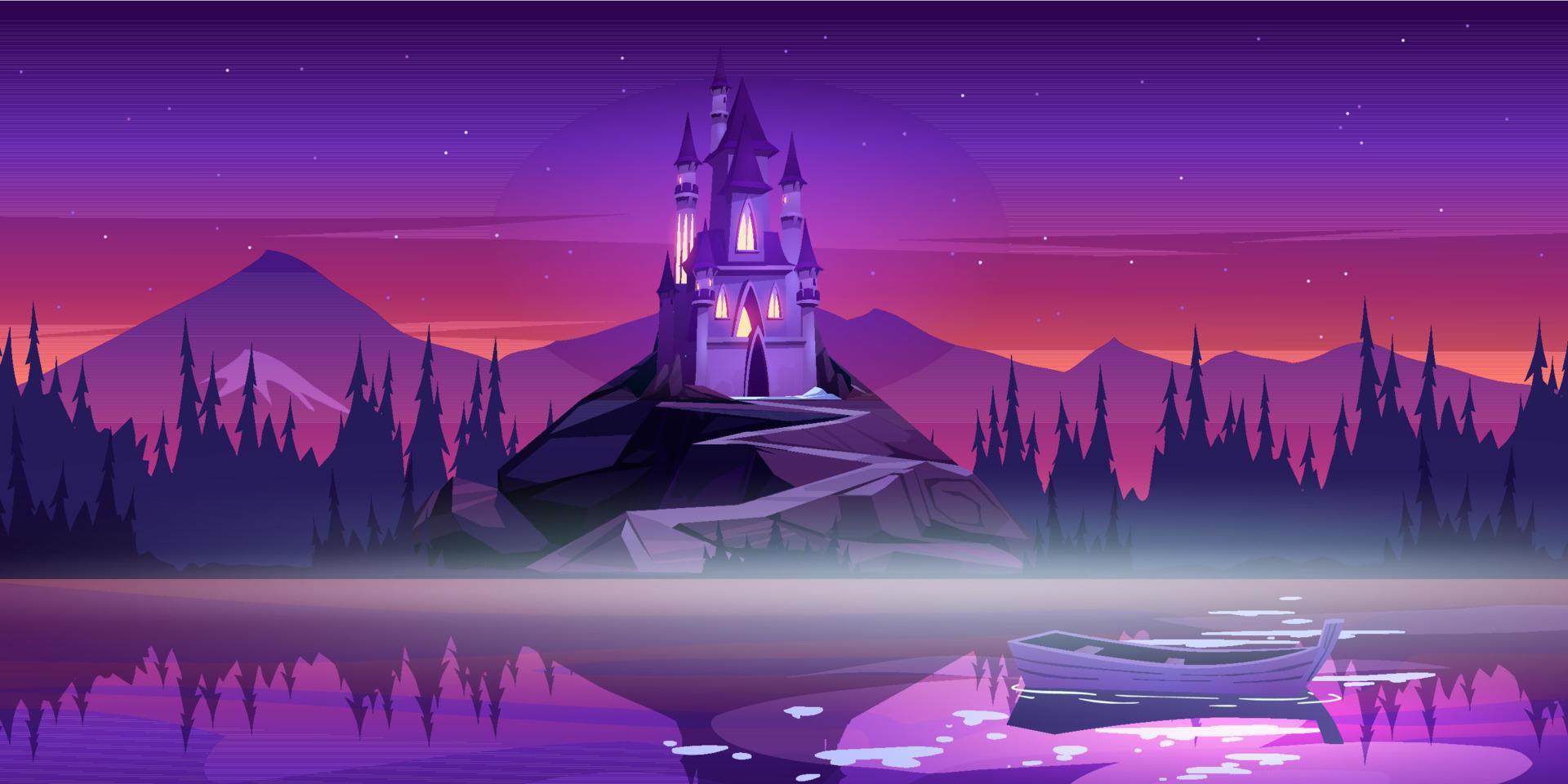 Magic castle on mountain top near river pier. vector