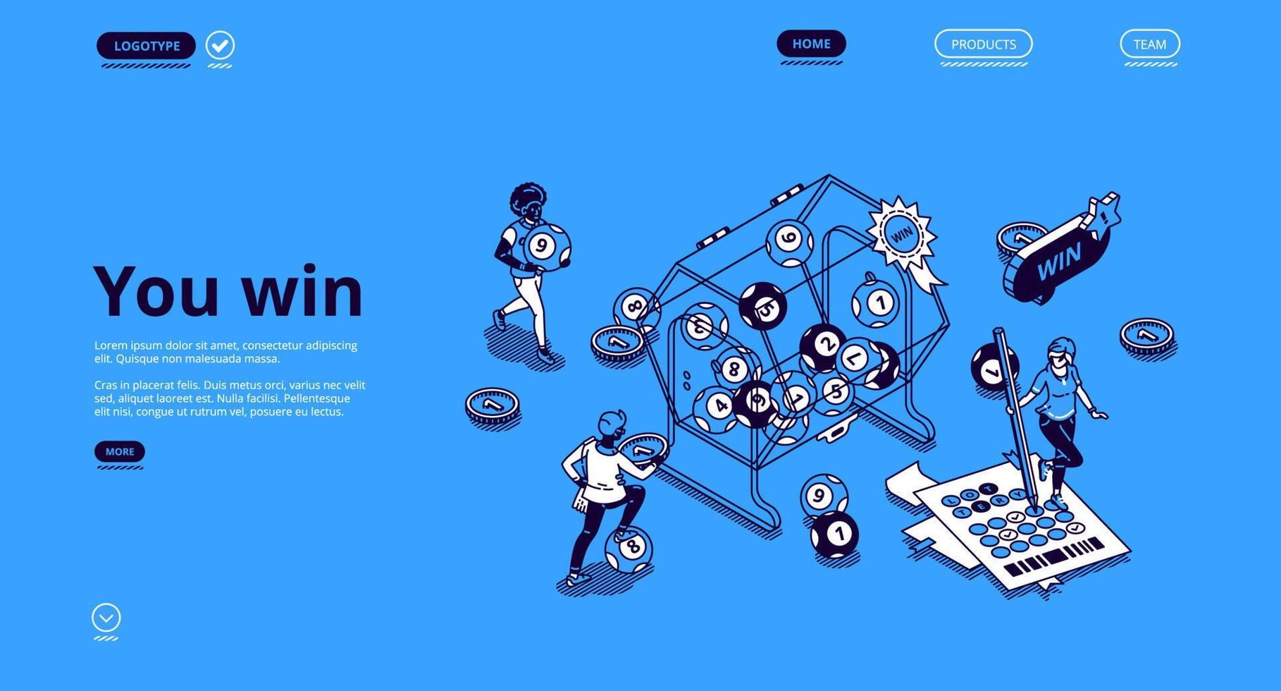 Lottery win isometric landing page, luck, fortune vector