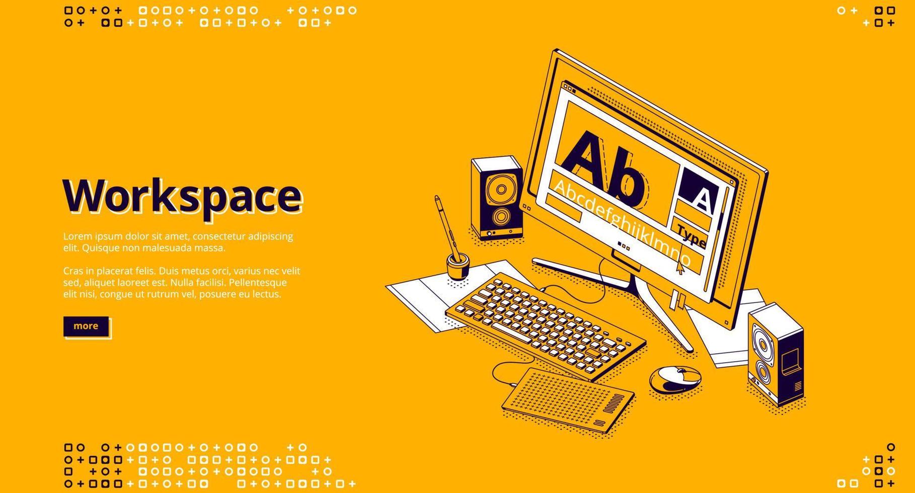 Workspace isometric landing page. Designer office vector