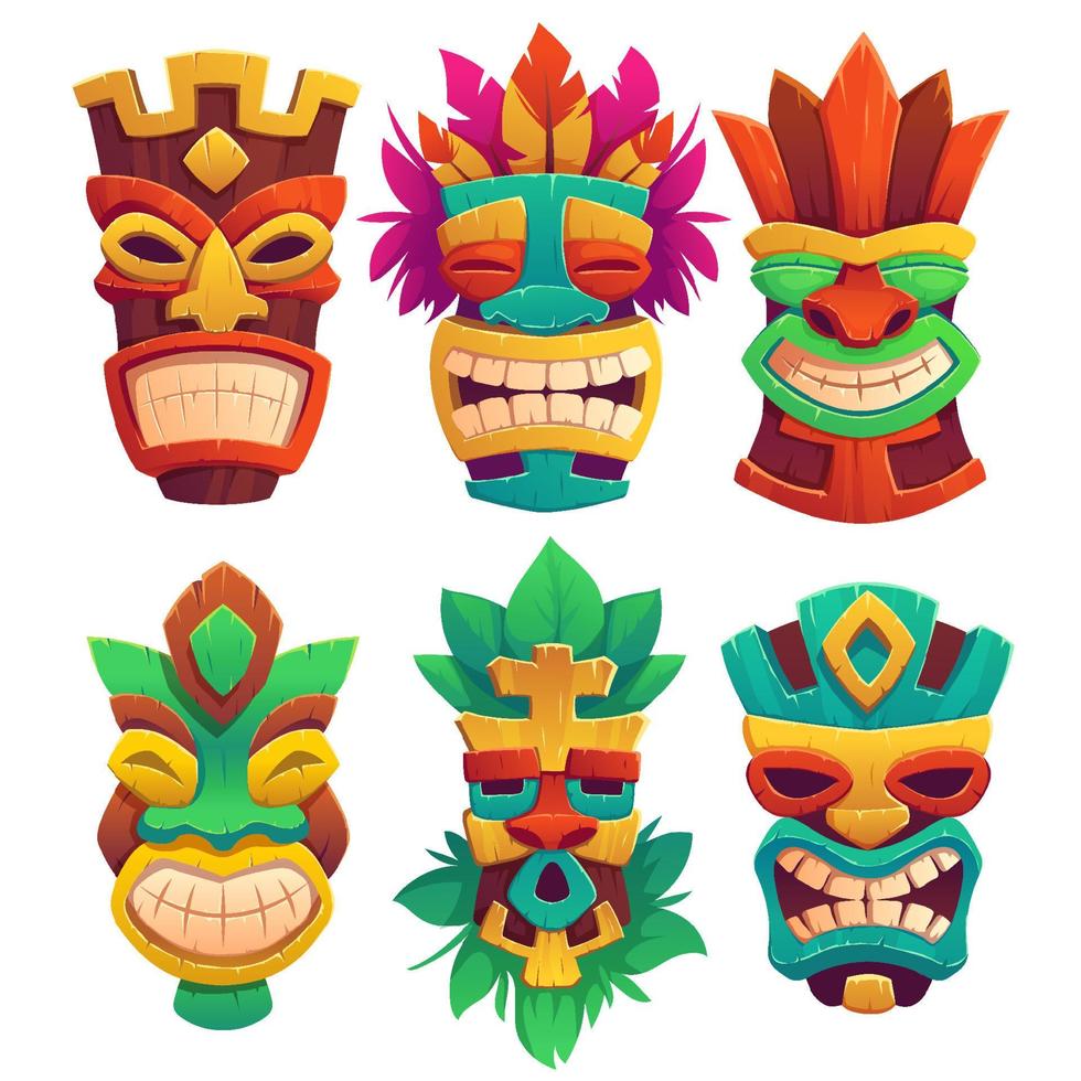 máscaras tiki, tótems tribales de madera al estilo hawaiano vector