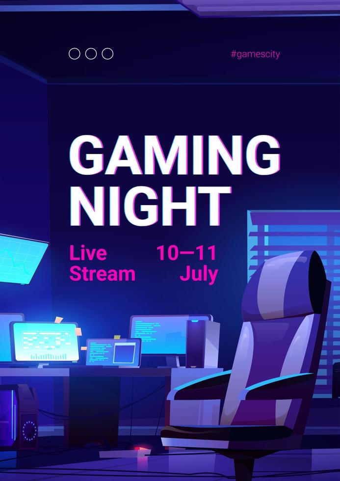 Gaming night poster, video game live stream vector