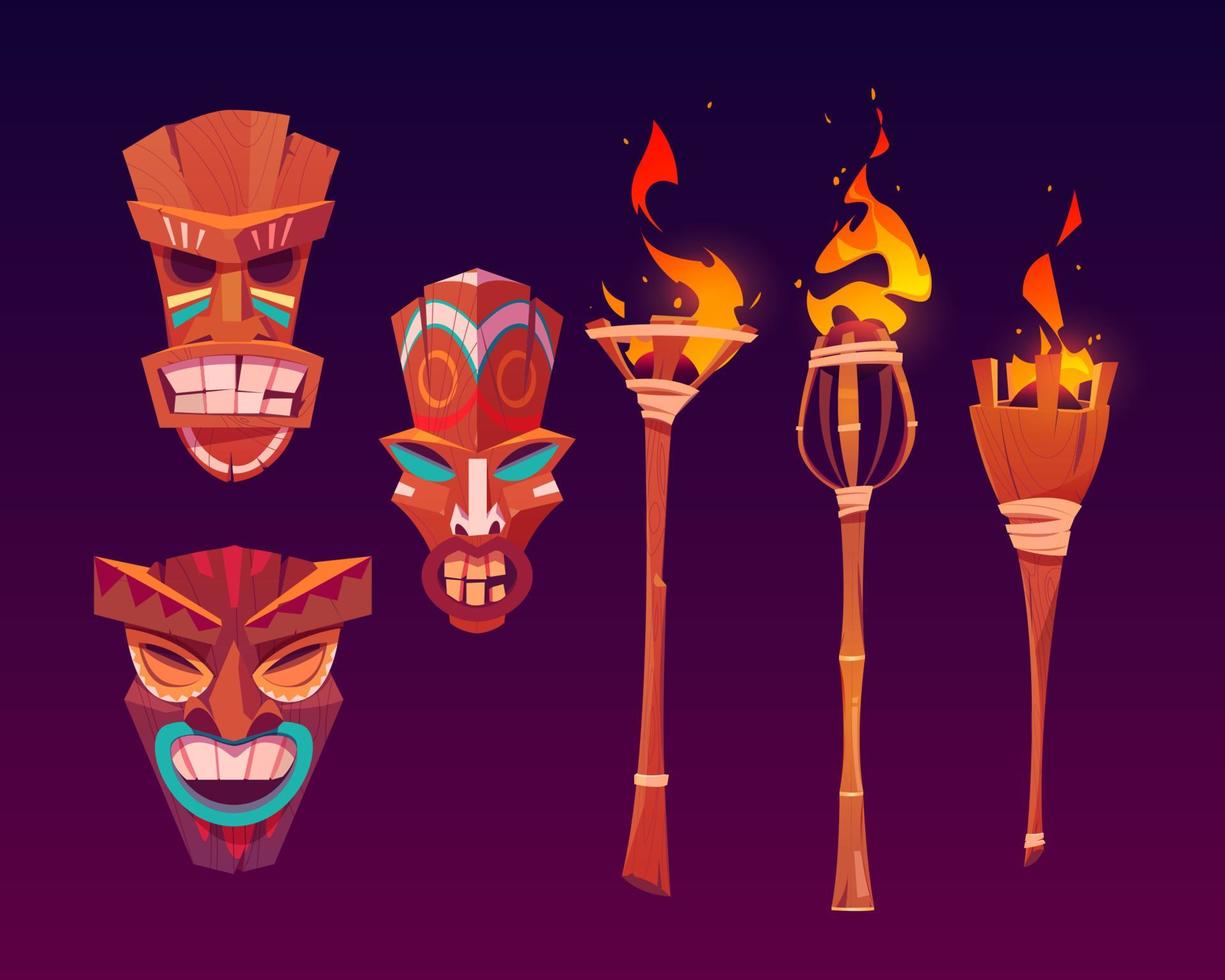 Tiki masks and burning torches, tribal wood totems vector