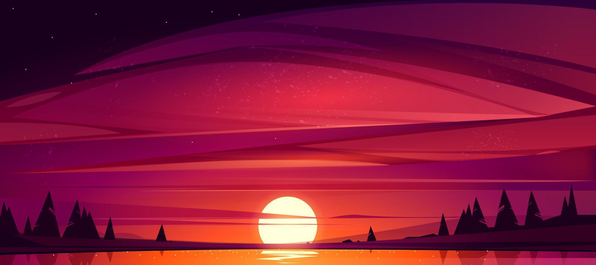 Sunset on lake, red sky with sun go down the pond vector