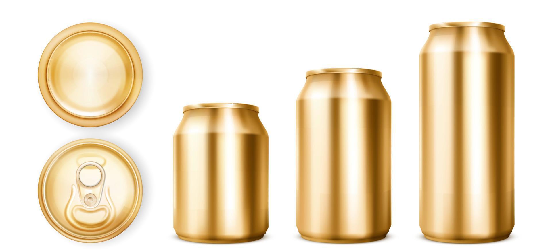 Gold tin cans for soda or beer in different views vector