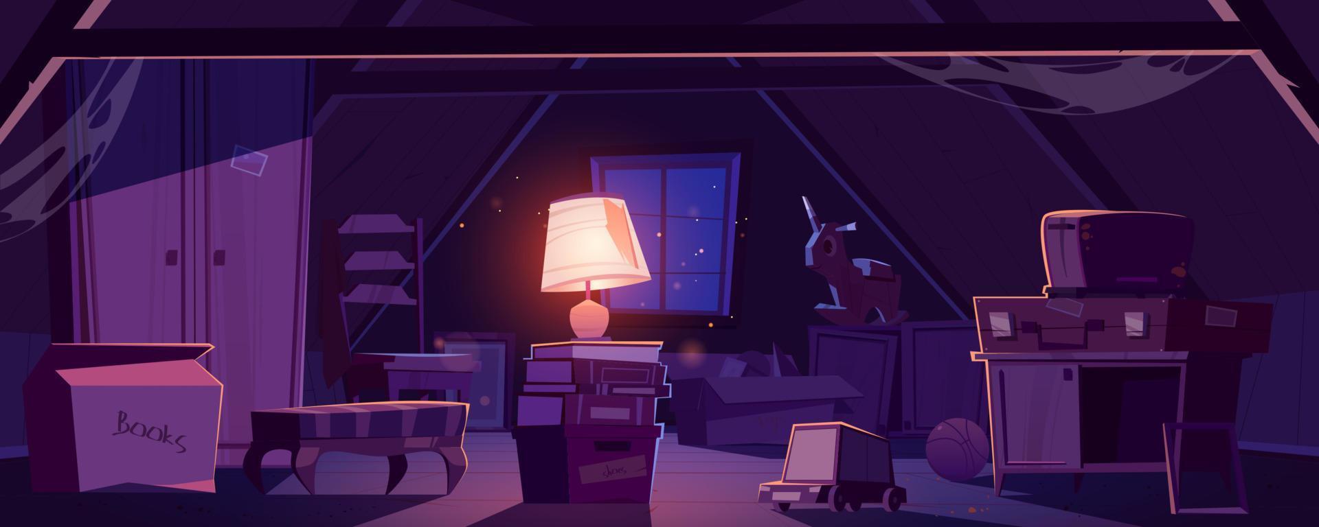 House attic at night with old furniture and lamp vector