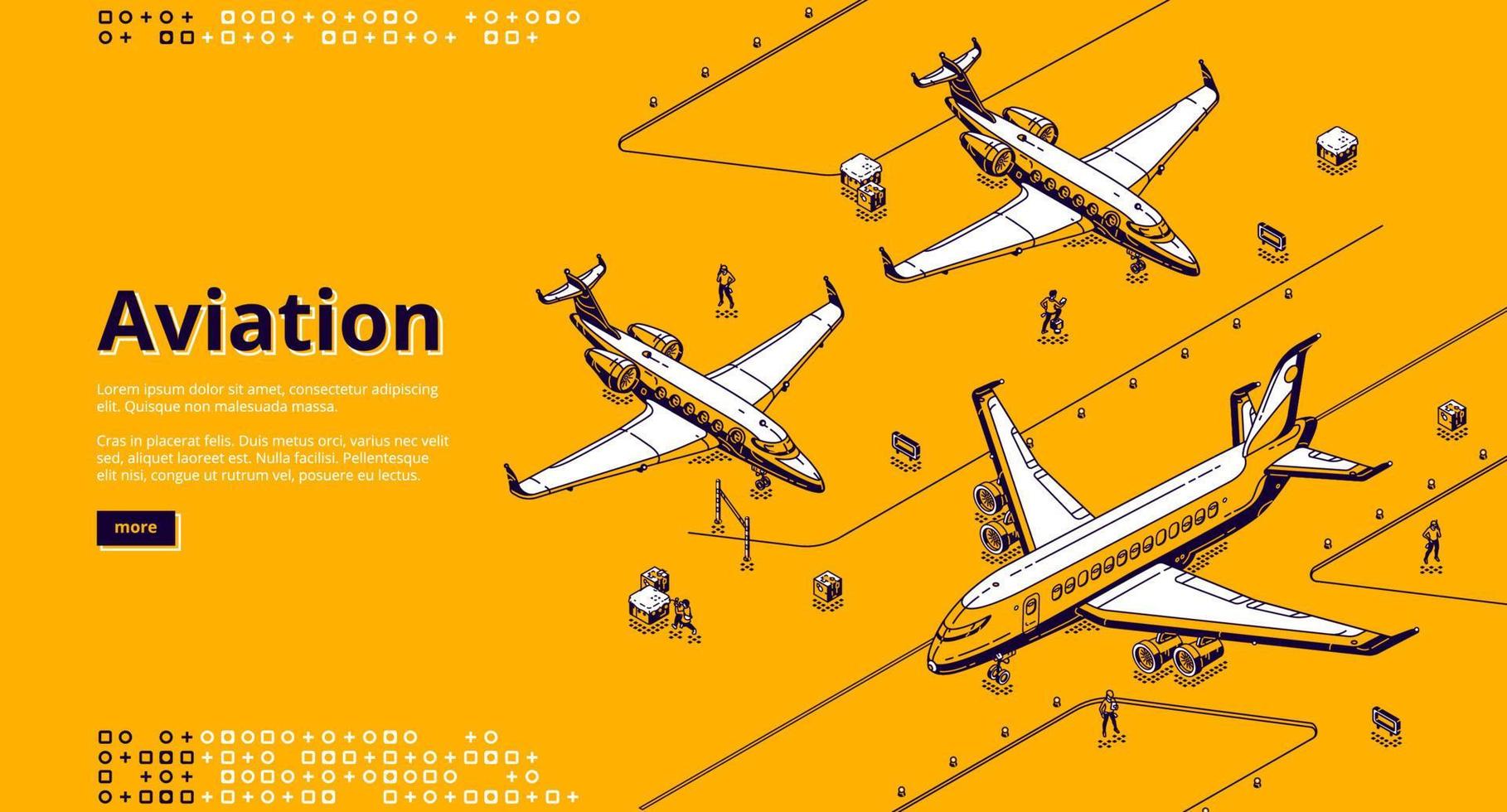 Aviation isometric landing page. Airplanes runway vector