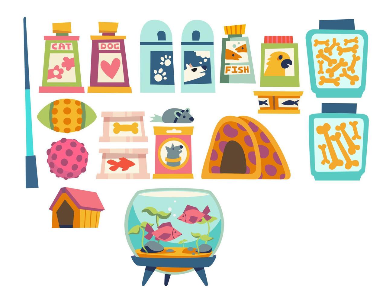 Pet shop set with toys, bowls, kennel and feed vector