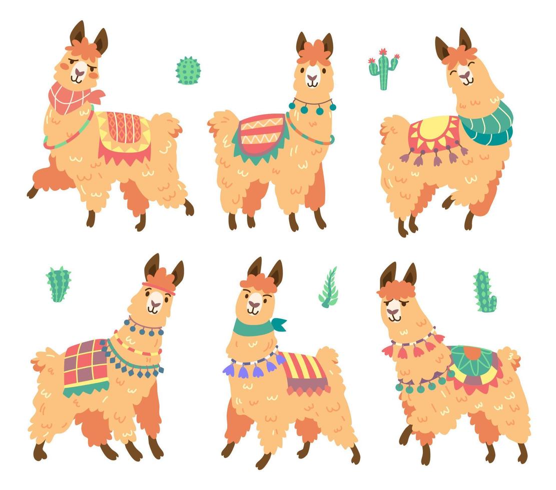 lindo personaje de alpaca con diferentes emociones vector