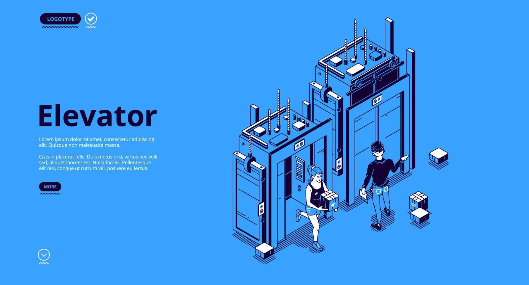 personas en ascensor, levante la página de inicio isométrica. vector