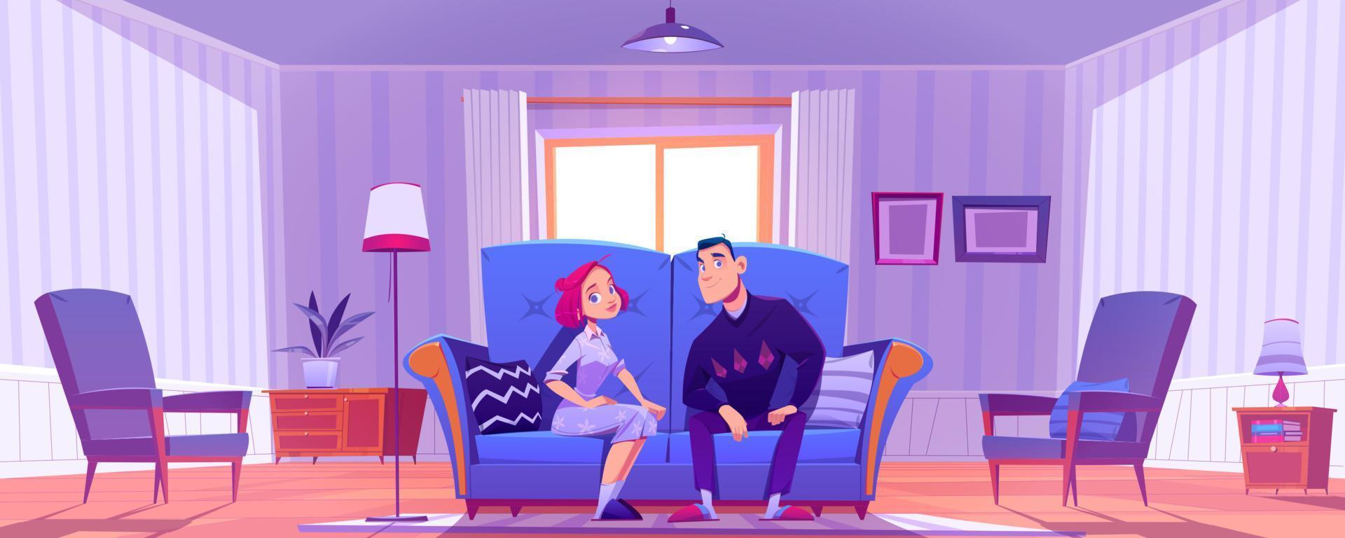 pareja feliz, hombre joven y mujer sentados en el sofá vector
