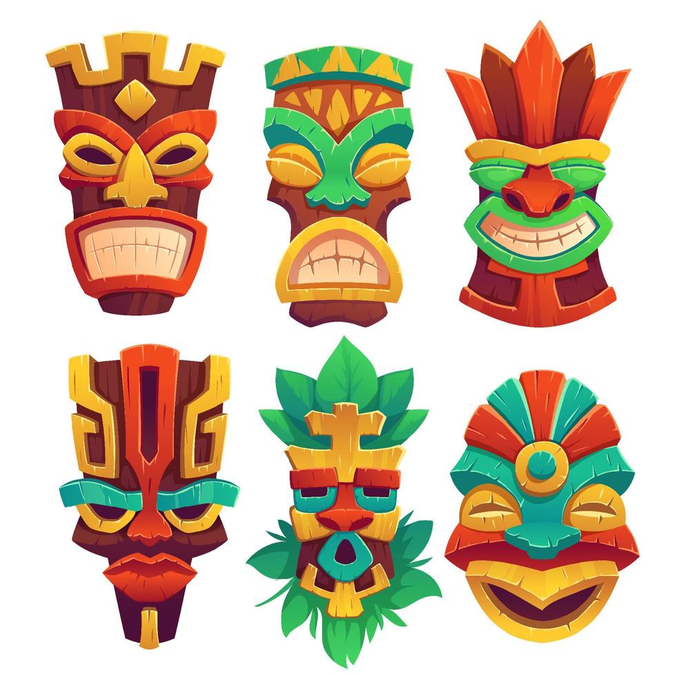 Tiki masks, tribal wooden totems in hawaiian style vector