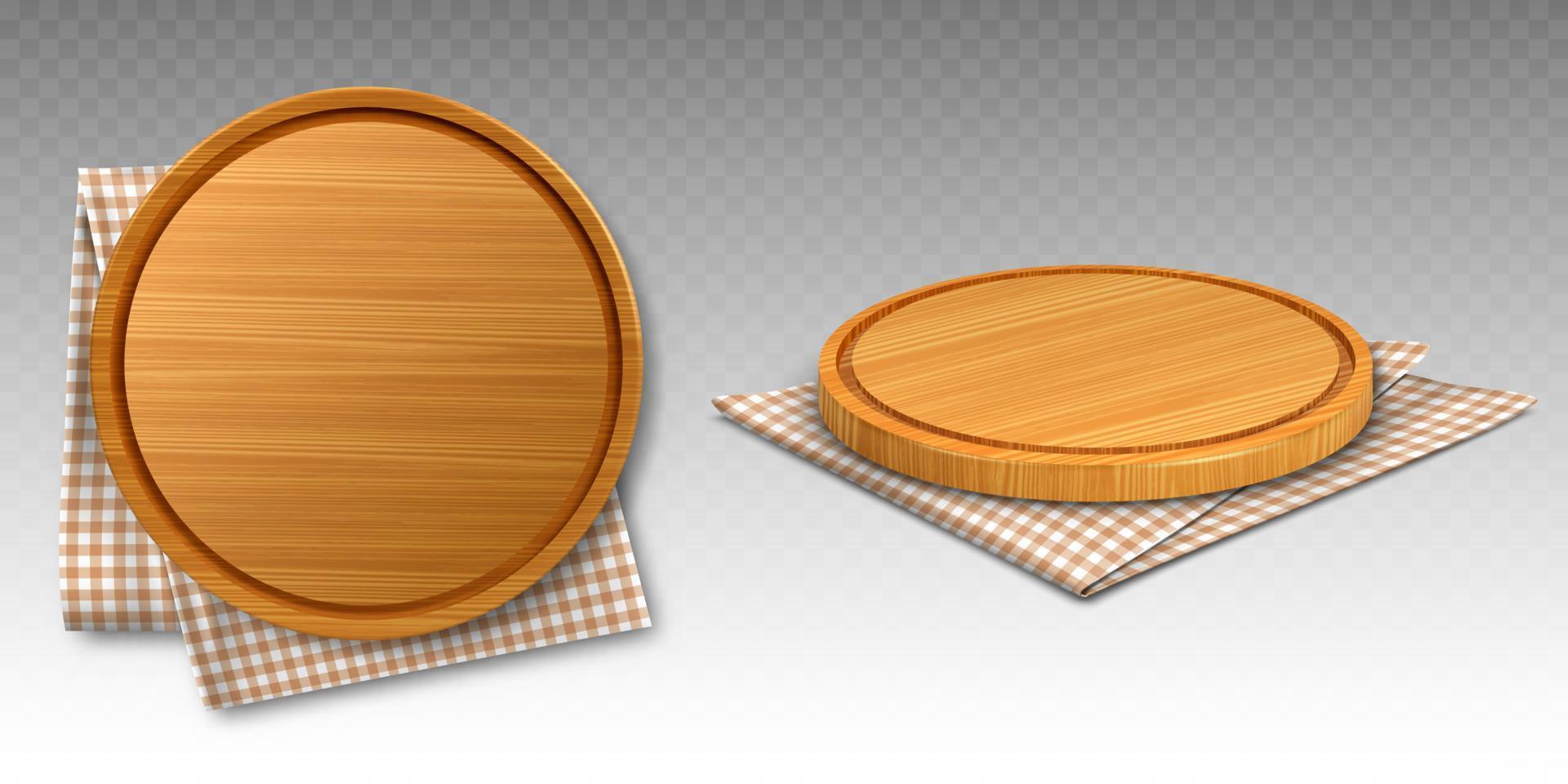 Wooden pizza and cutting boards on kitchen towel vector