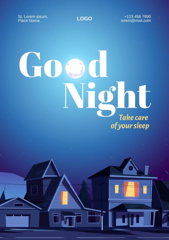 Good night poster with houses and moon in dark sky vector