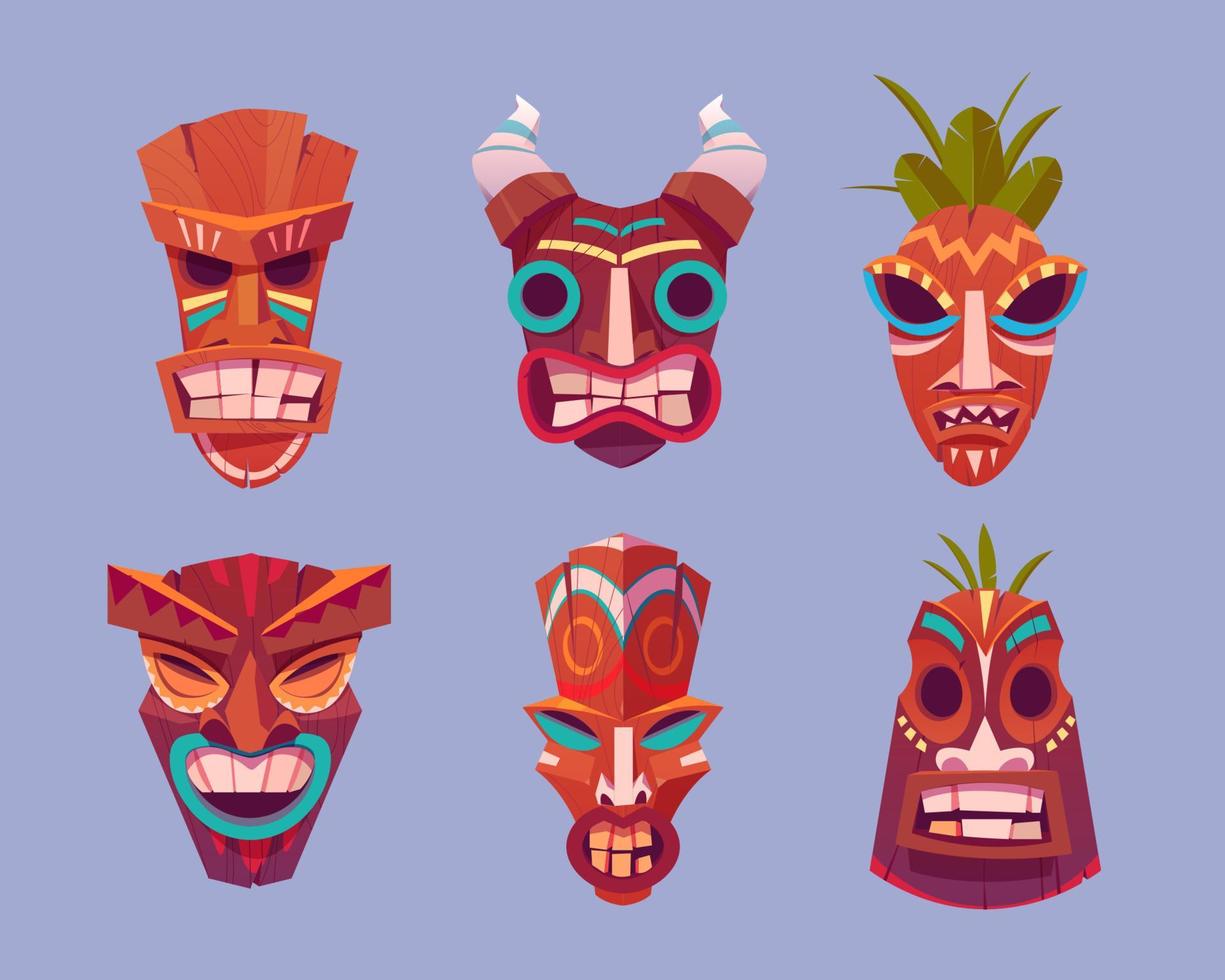 Tiki masks, hawaiian tribal totem of god faces vector