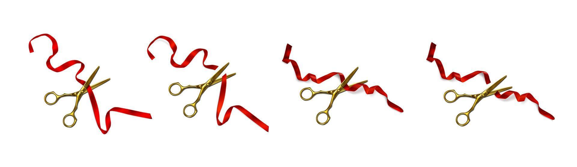 tijeras doradas cortan lazos rojos y cintas rizadas vector