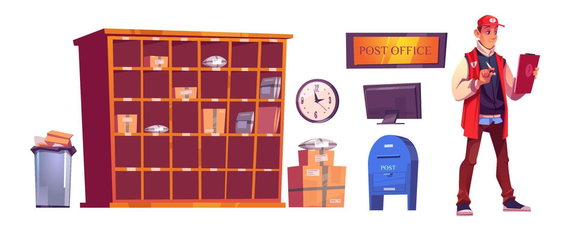 Postman and post office with parcels on shelves vector