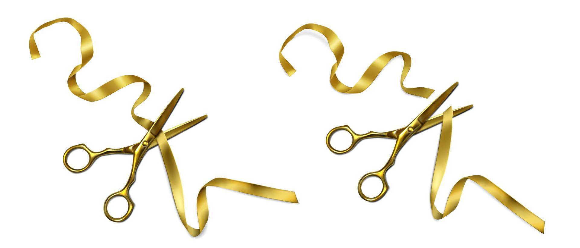 Golden scissors cut ribbon on grand open ceremony vector