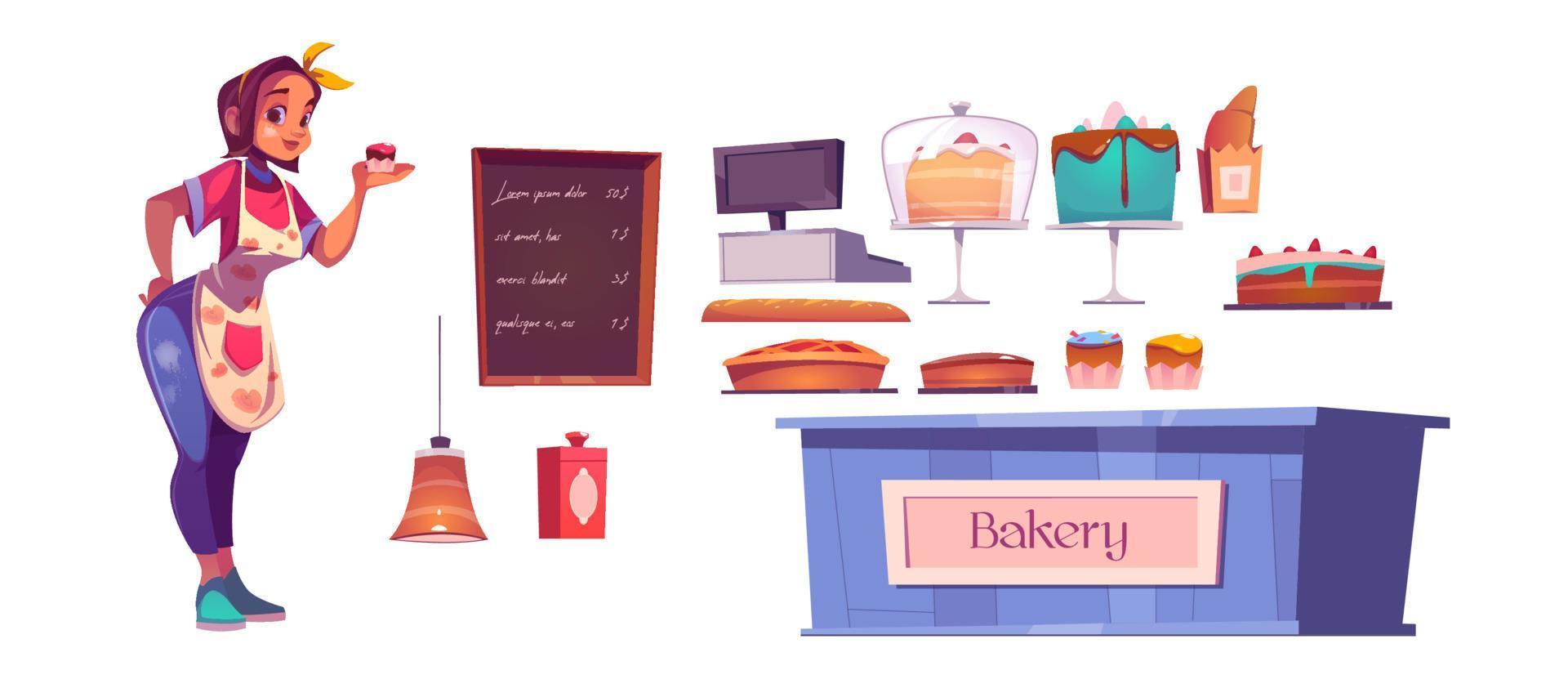 Woman chef and bakery shop interior set vector