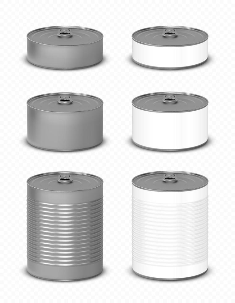 Tin can with pull ring side view, food metal jars vector