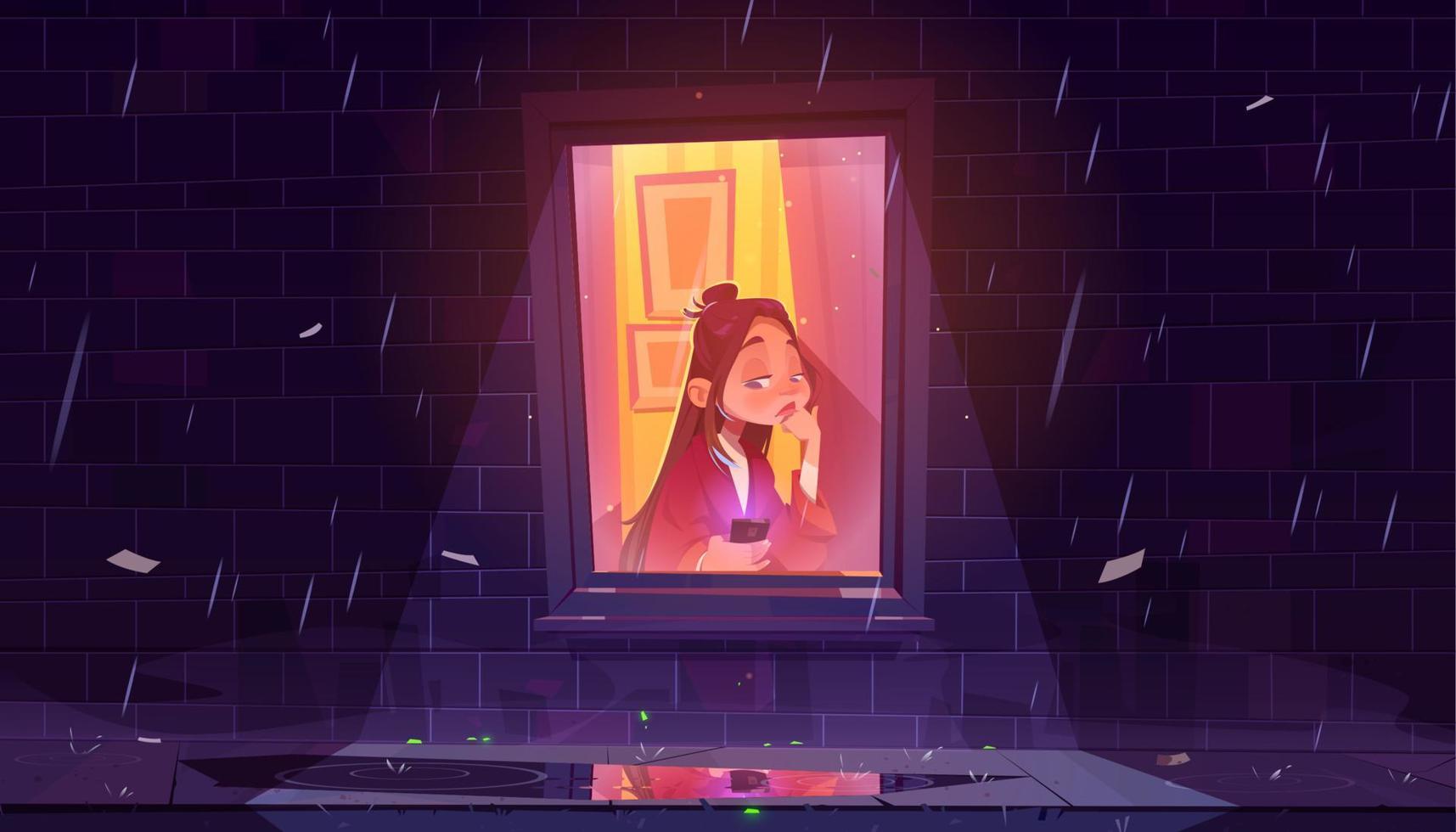 Unhappy lonely girl with smartphone by window vector