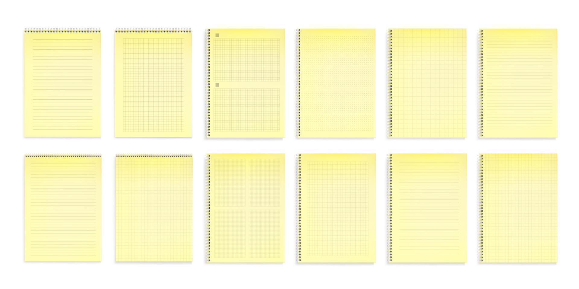 cuadernos con papel amarillo en líneas y puntos vector