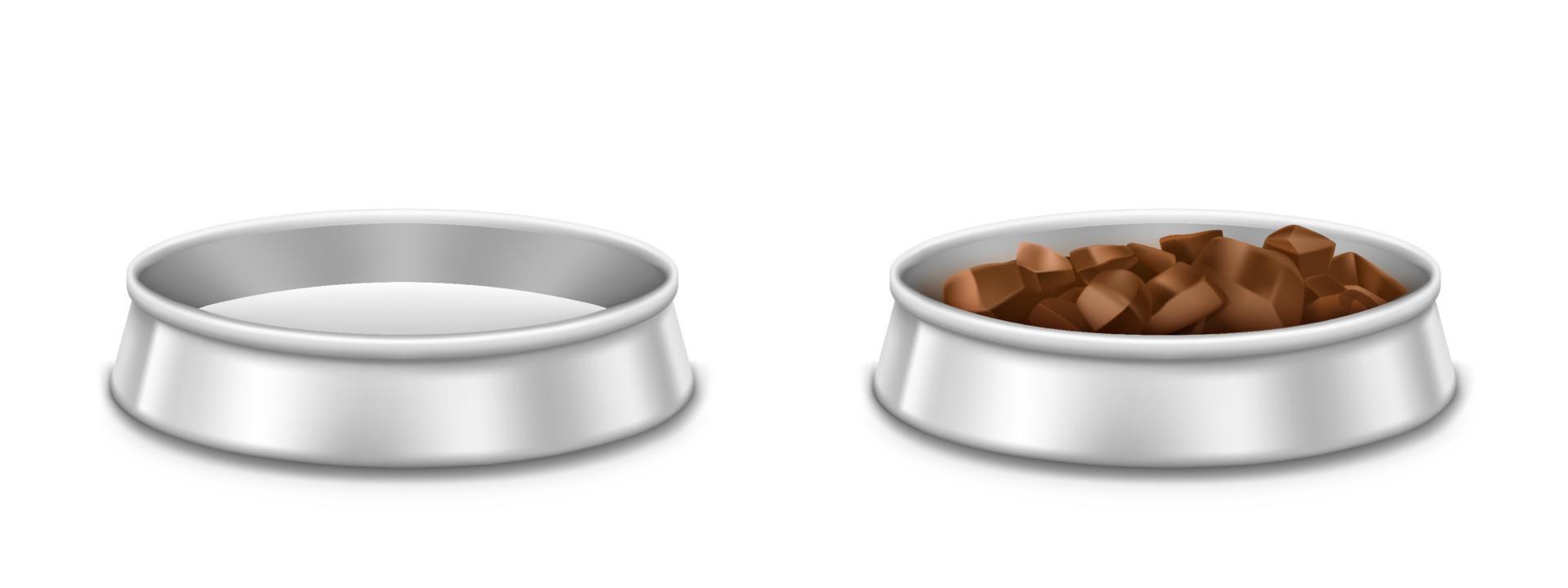 Metal pet bowls with food for dog or cat vector