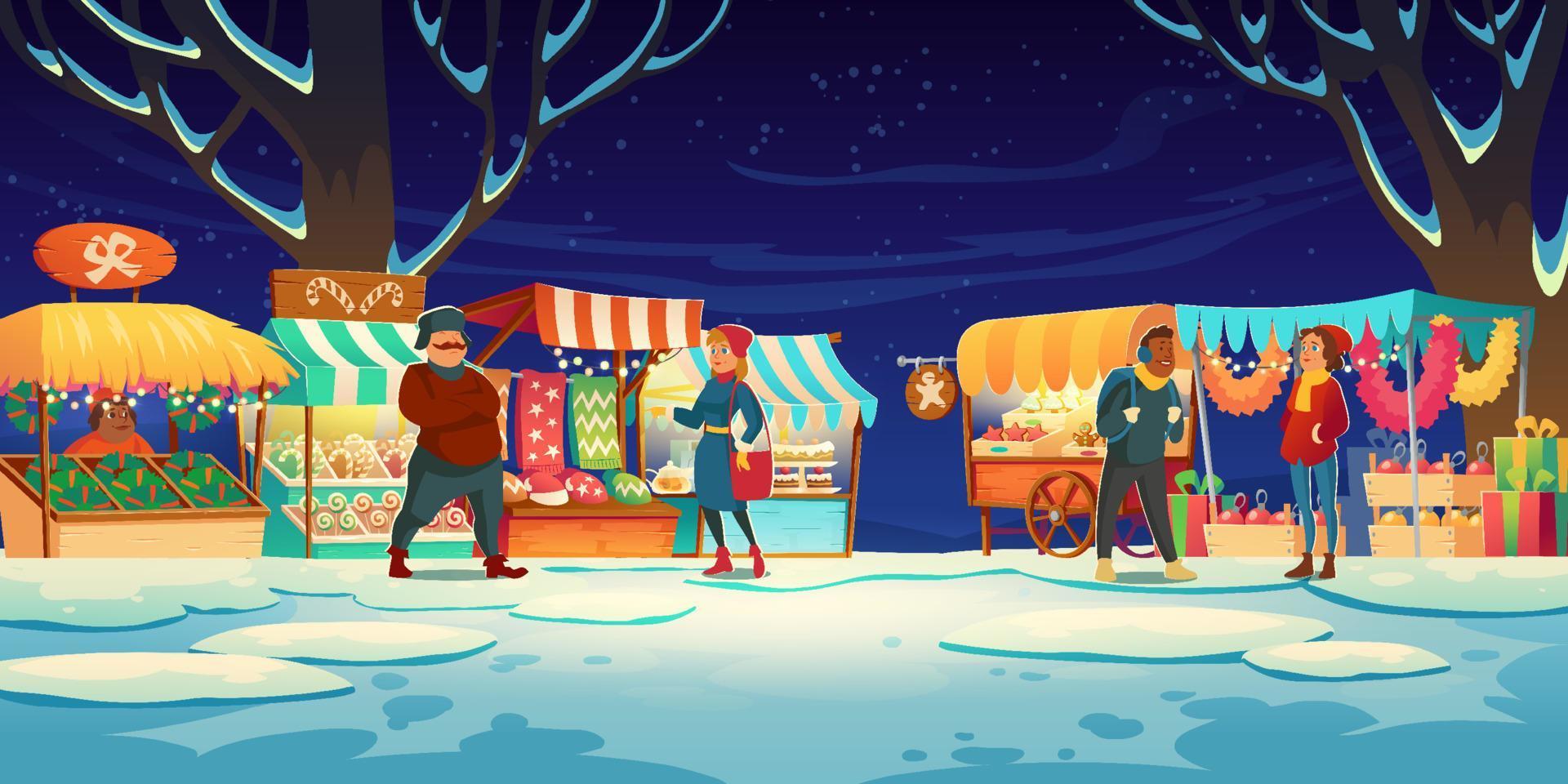 People on Christmas fair with market stalls vector