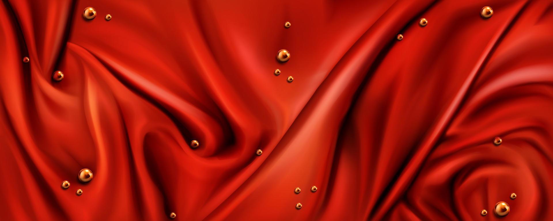 Red silk draped fabric background with gold pearls vector