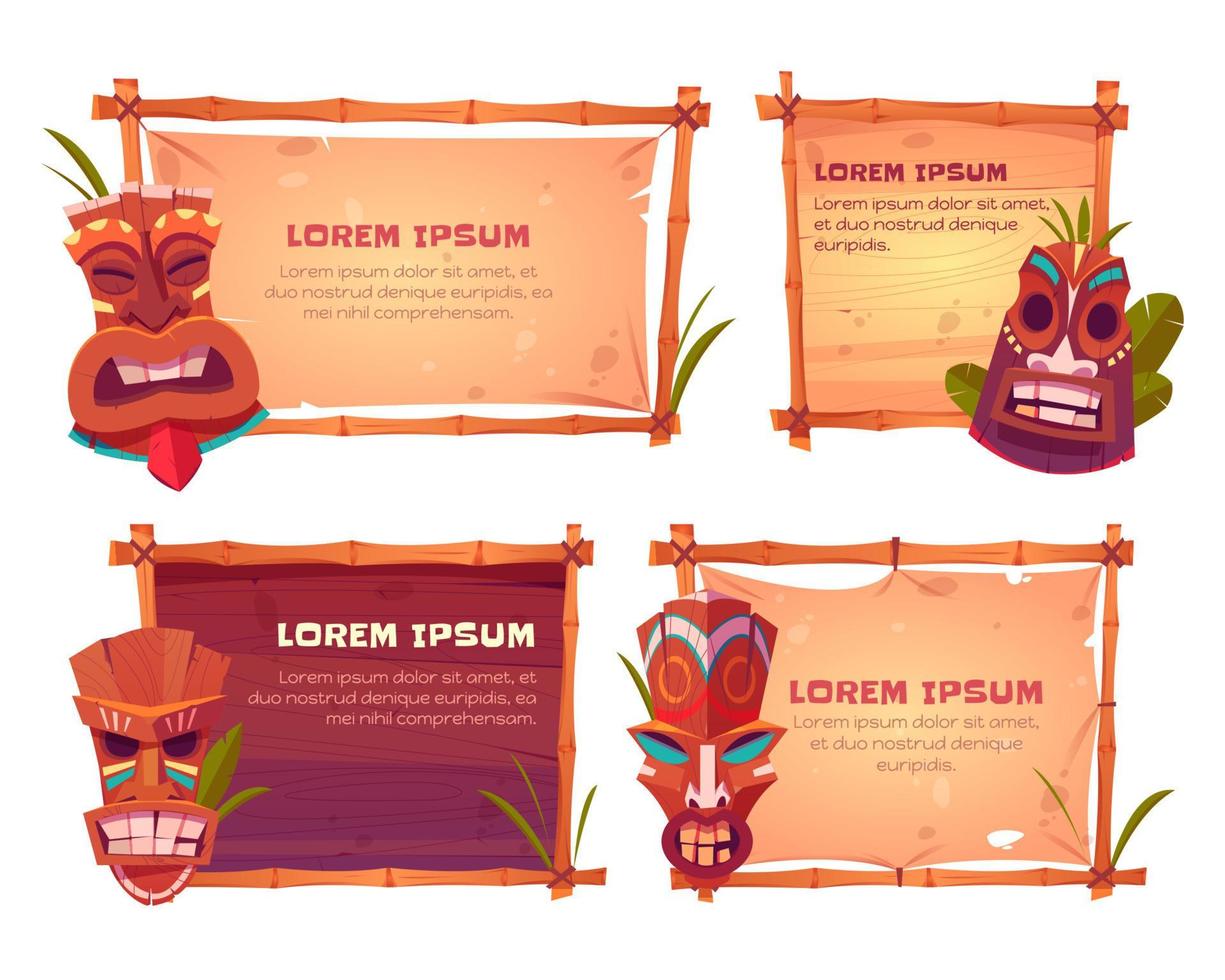 Sign boards with bamboo frames and tiki masks vector