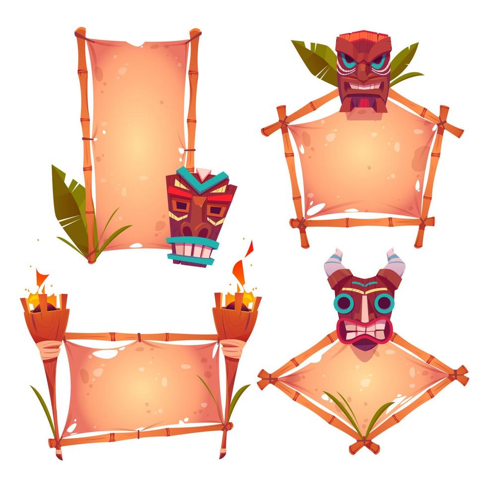 Bamboo frames with tiki mask, parchments and torch vector