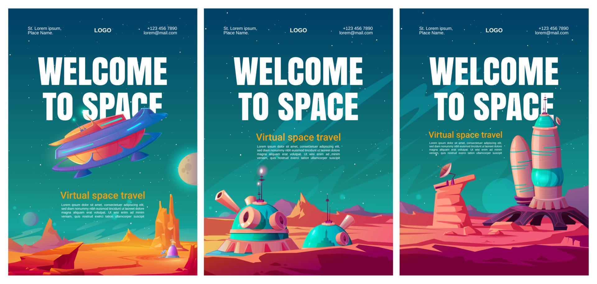 folleto de viaje espacial virtual con base de colonia vector