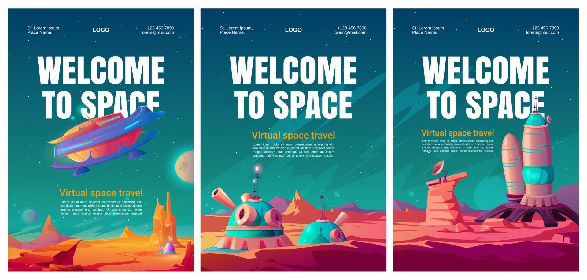 Virtual space travel flyer with colony base vector