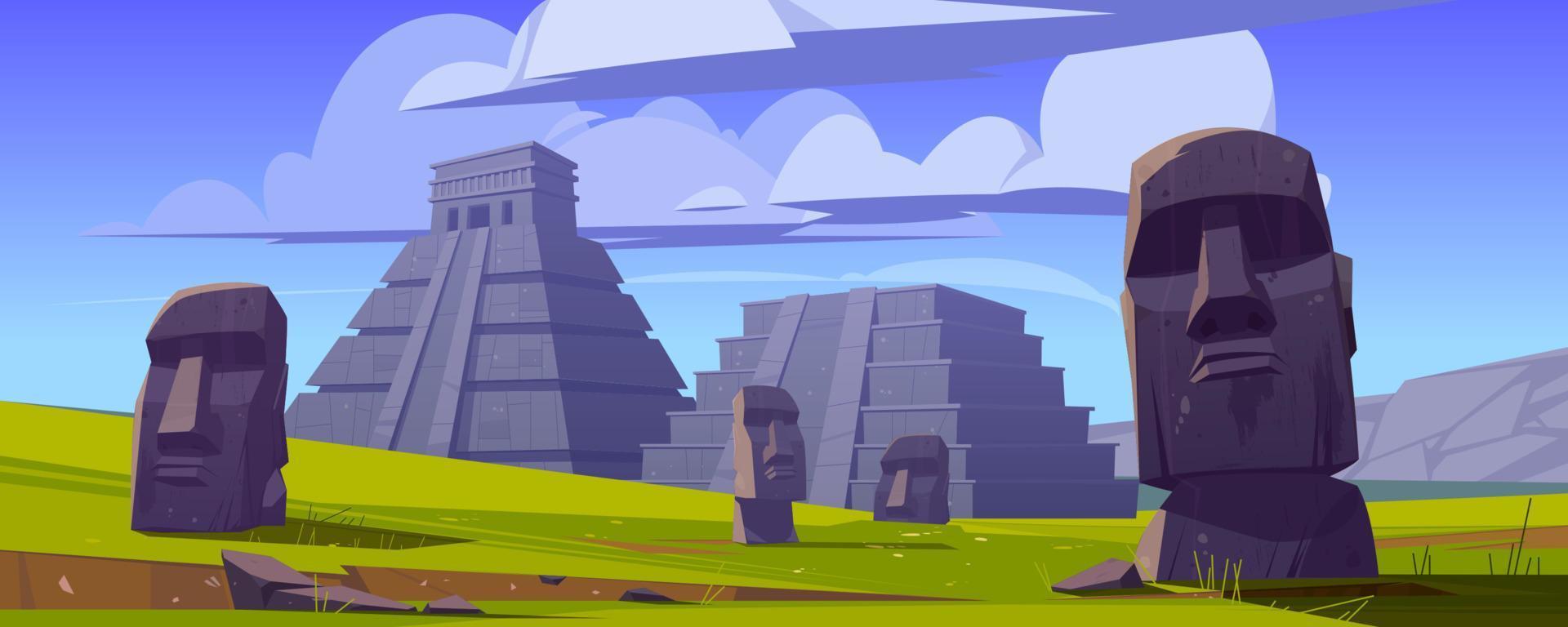 Moai statues and pyramids, republic of Chile. vector